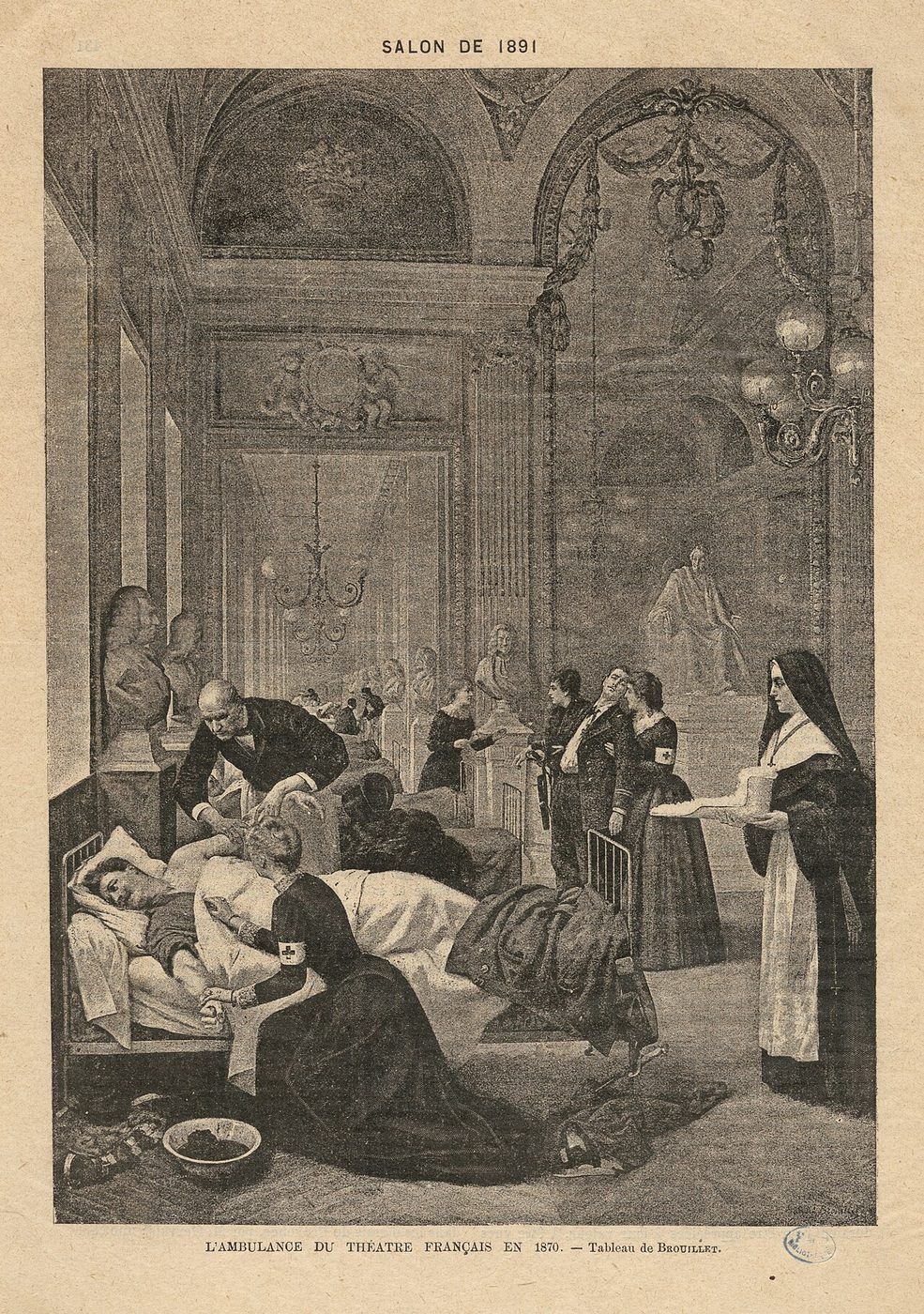 A field hospital set up inside the Théâtre-Français during the siege of Paris, 1870